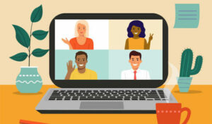 Video conference of different people. Laptop on the desk. Vector flat cartoon style illustration